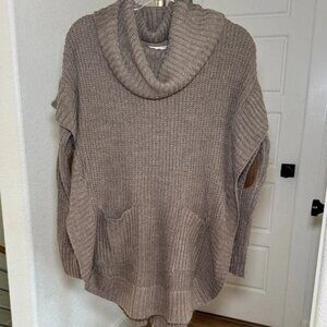 RD Style Taupe Knit Cowl Neck Sweater Poncho with Elbow Patches Women’s M